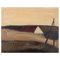 Peder Brøndum Sørensen. Olio su tavola. Paesaggio modernista con casa e campi