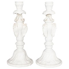Pair Italian White Blanc De Chine Creamware Porcelain Roses Candlesticks c. 1950