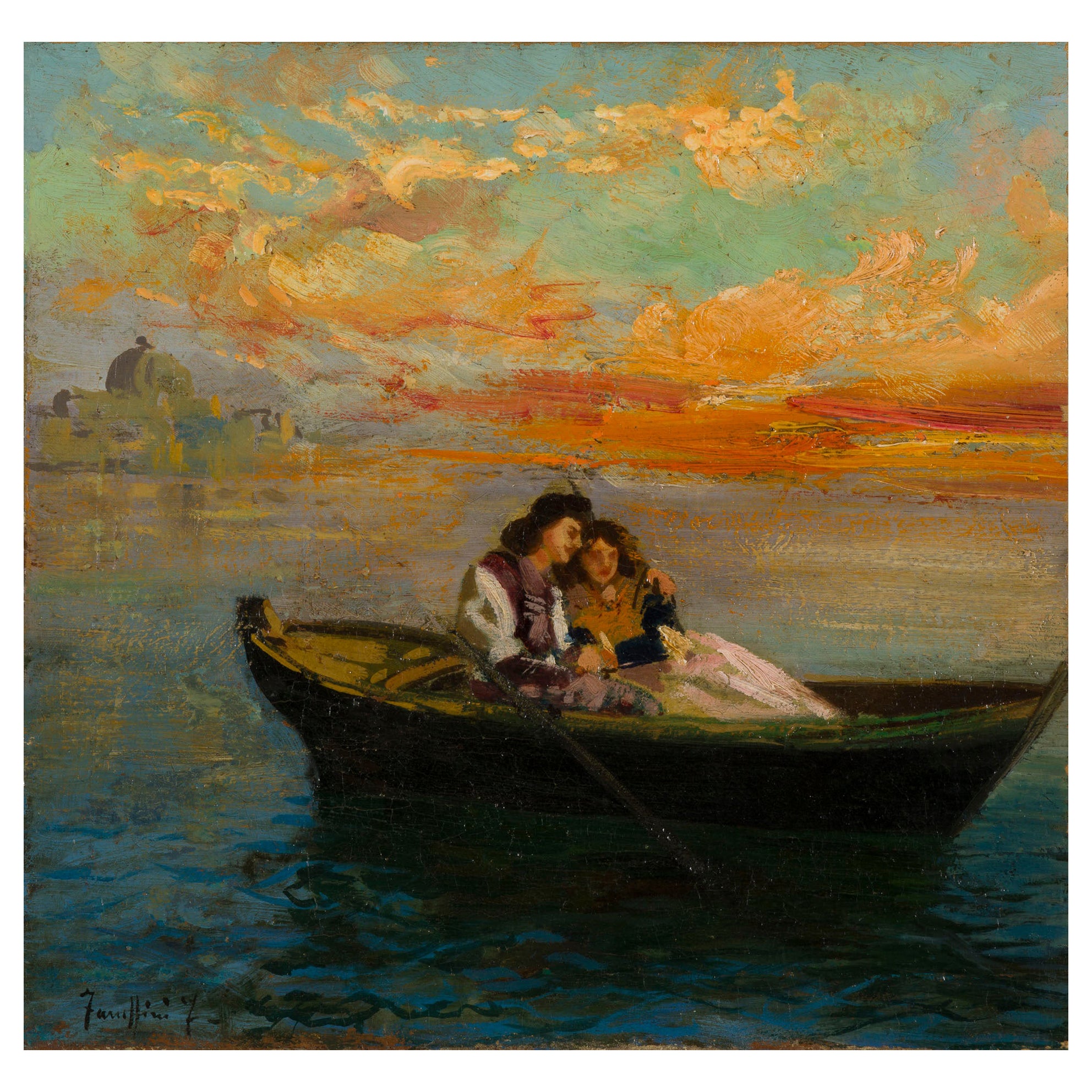 Pintura de paisaje de época firmada en veneciano