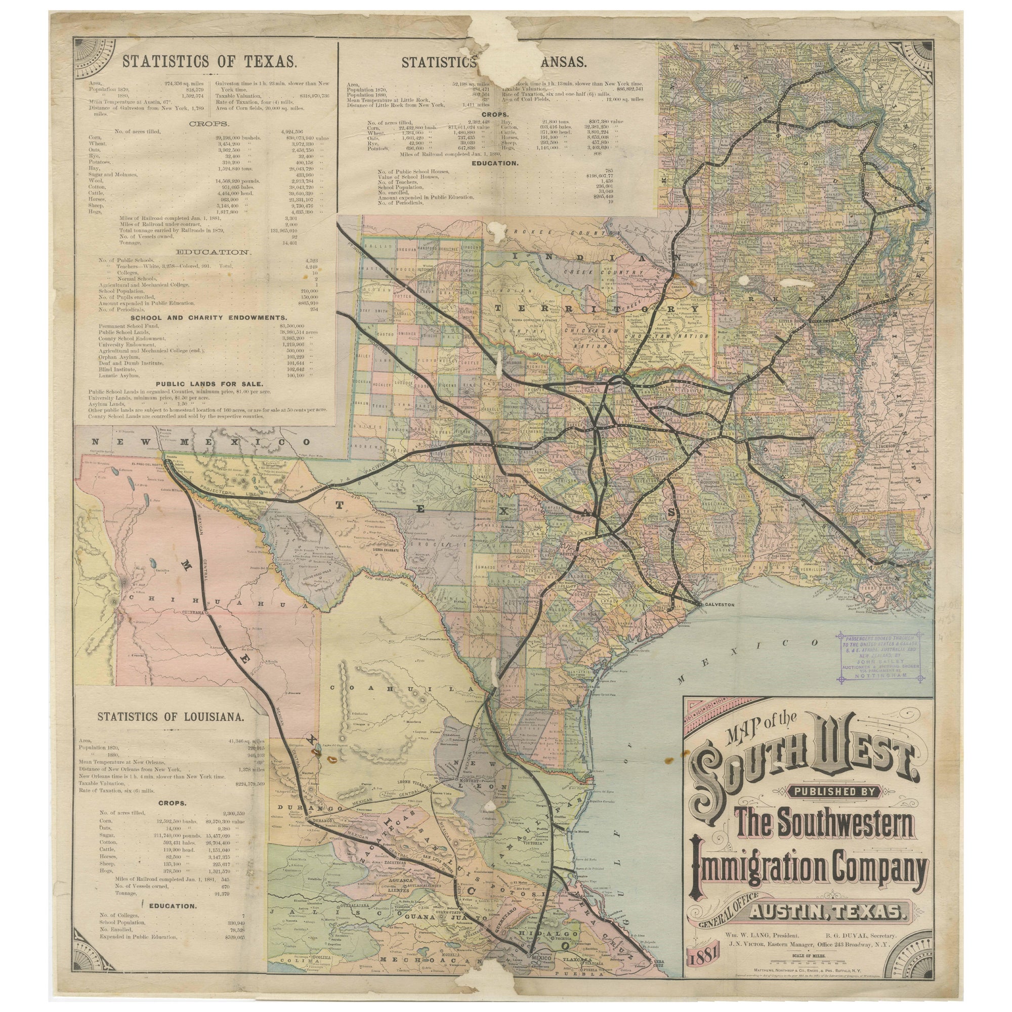 Southwestern U.S. Immigration Map for Texas, Arkansas, and Louisiana, 1881