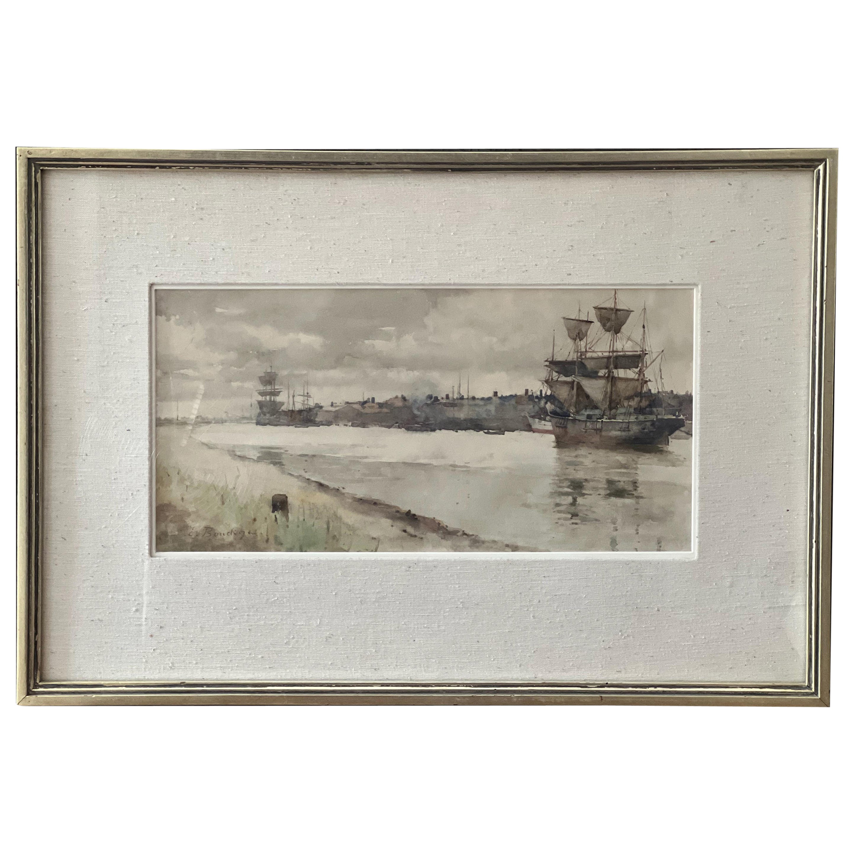 Eugène Boudin  1824 - 1898 - peinture à l'aquarelle - Navires en Normandie