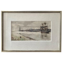 Eugène Boudin  1824 - 1898 - peinture à l'aquarelle - Navires en Normandie