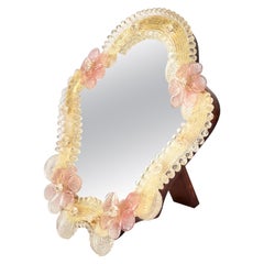 Vintage Murano Glass Vanity Mirror Pink yellow  Flowers 1960s Italy Venetian Venini