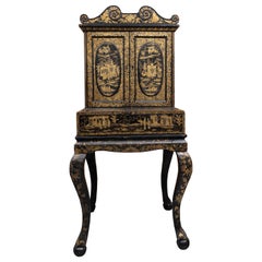 English Regency Black Lacquered Cabinet with Gilt Chinoiseries Overall, c.1820