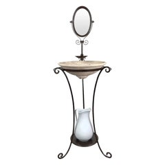 English Victorian Wrought Iron Wash Stand with Oval Mirror, Basin and Pitcher