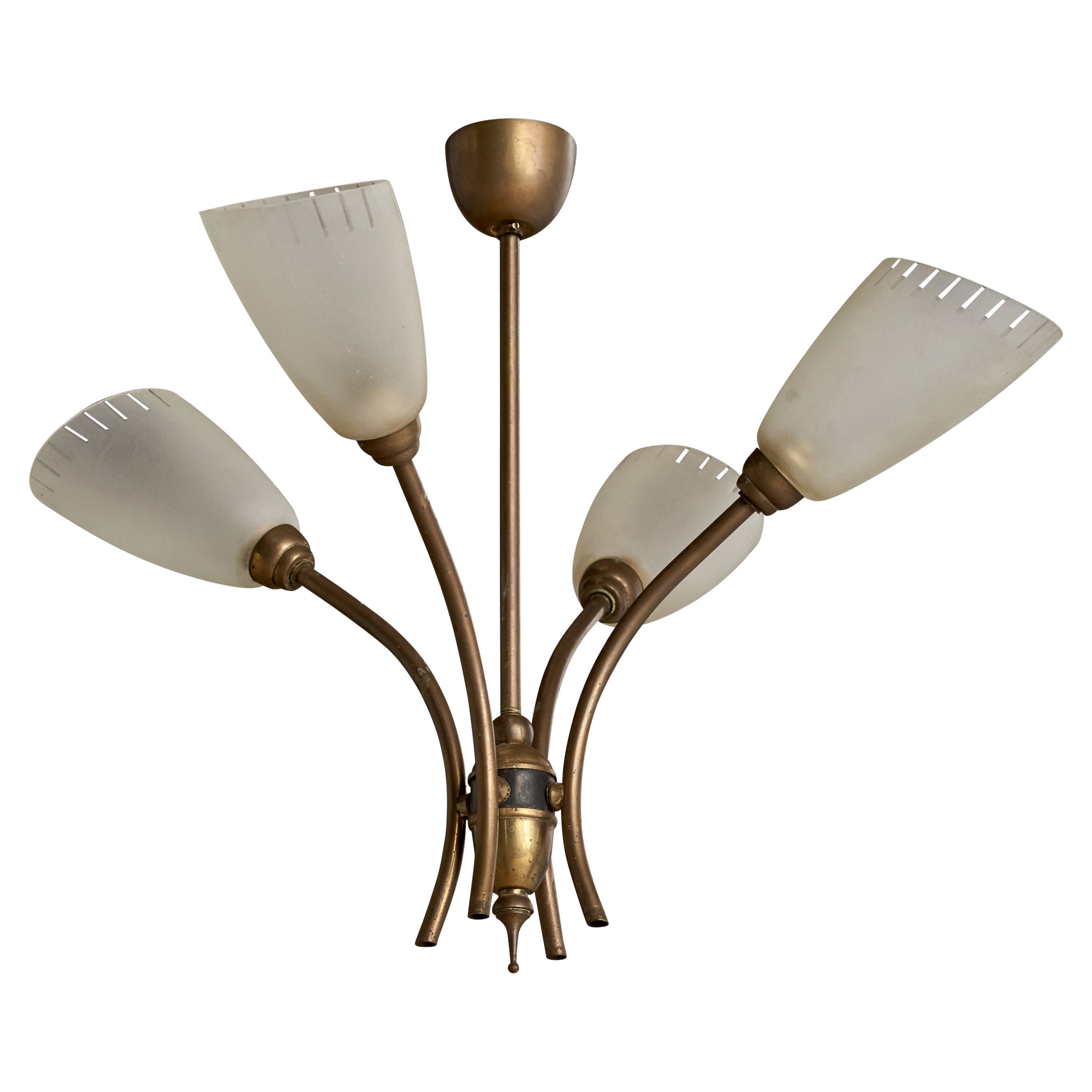 French Designer, Chandelier, Brass, Glass, France, 1950s