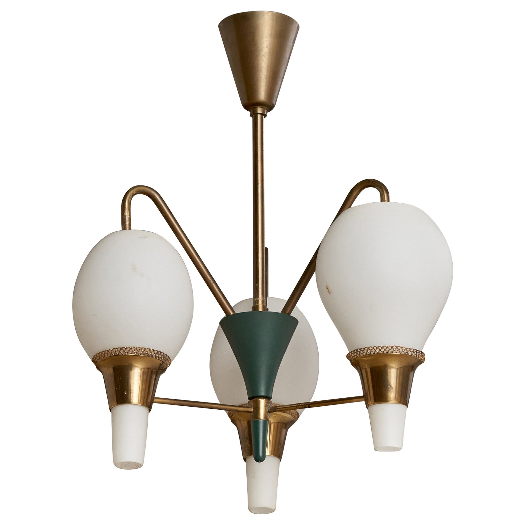 Fog & Mørup, Chandelier, Brass, Metal, Glass, Denmark, 1950s For Sale