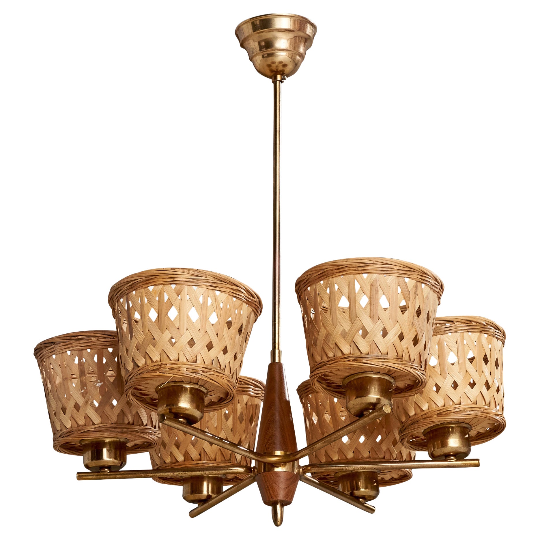 Swedish Designer, Chandelier, Brass, Teak, Rattan, Sweden, 1950s