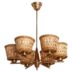 Swedish Designer, Chandelier, Brass, Teak, Rattan, Sweden, 1950s