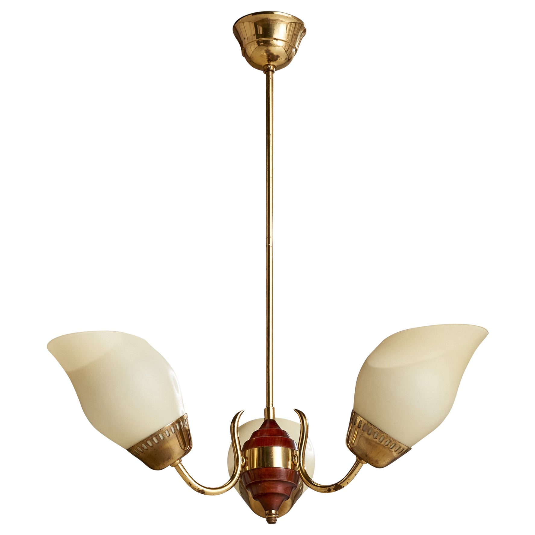 Swedish Designer, Chandelier, Brass, Wood, Glass, Sweden, 1940s For Sale