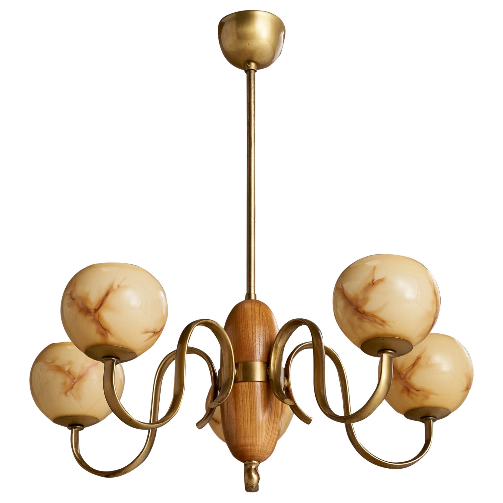 Swedish Designer, Chandelier, Brass, Oak, Glass, Sweden, 1940s For Sale