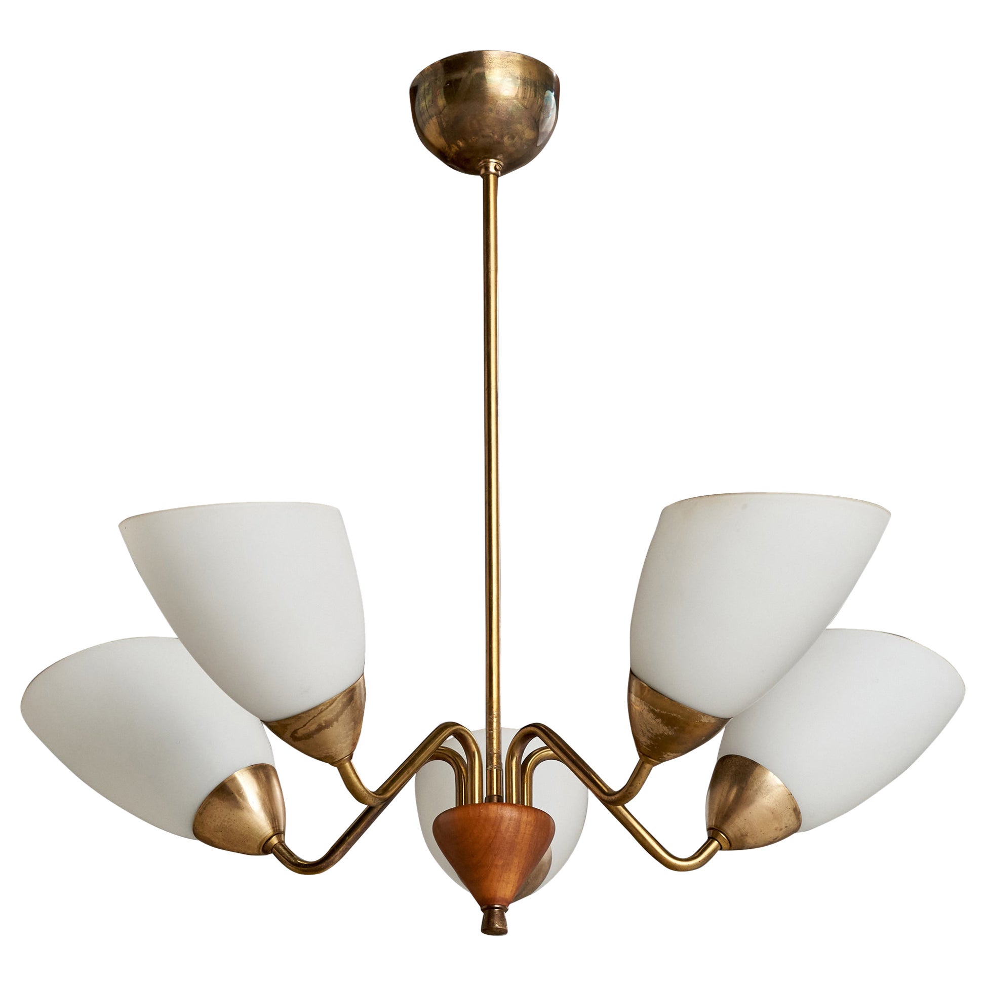 Swedish Designer, Chandelier, Brass, Oak, Glass, Sweden, 1950s For Sale