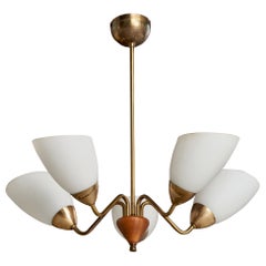 Designer suédois, lustre, laiton, Oak, verre, Suède, années 1950