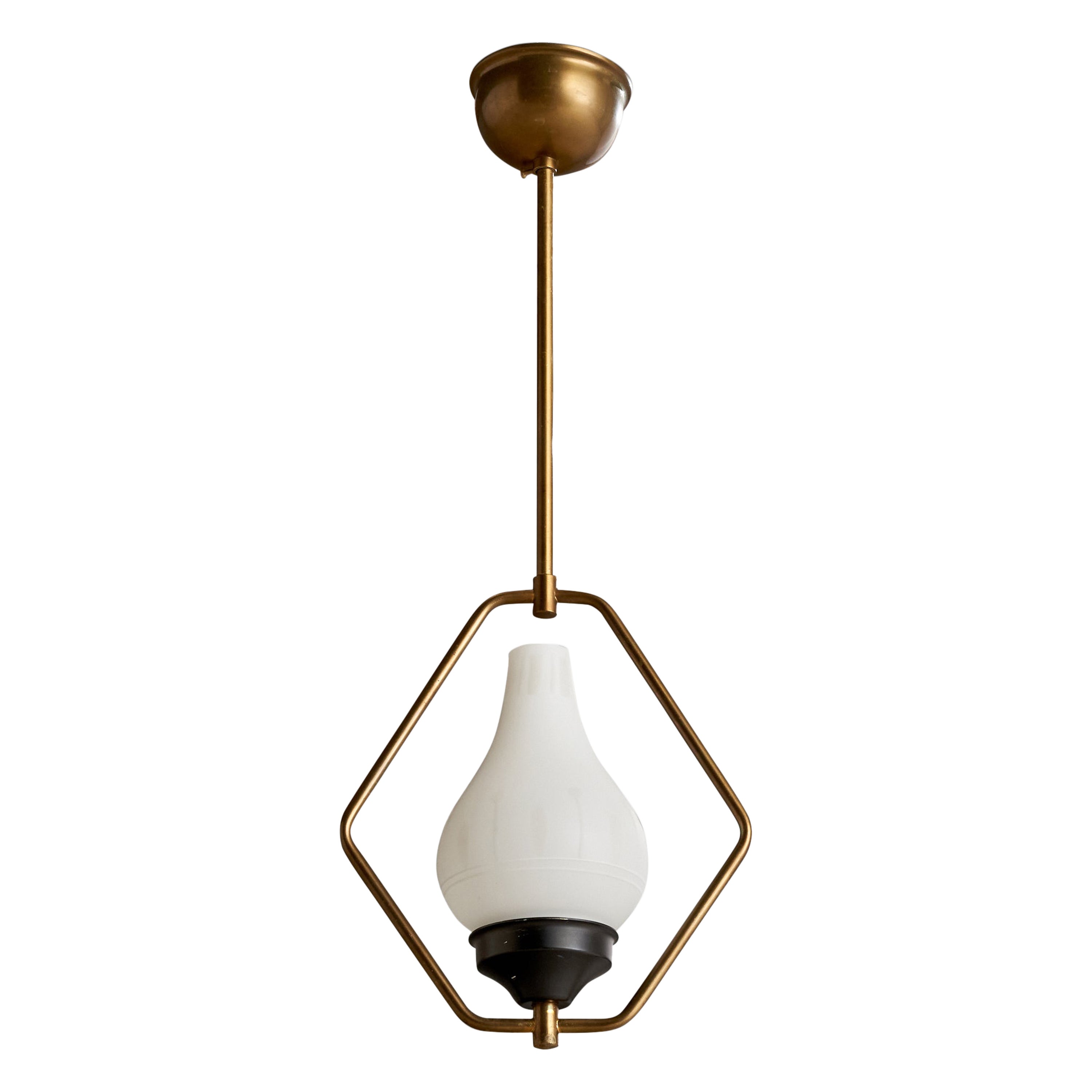 Swedish Designer, Pendant Light, Brass, Metal, Glass, Sweden, 1950s For Sale