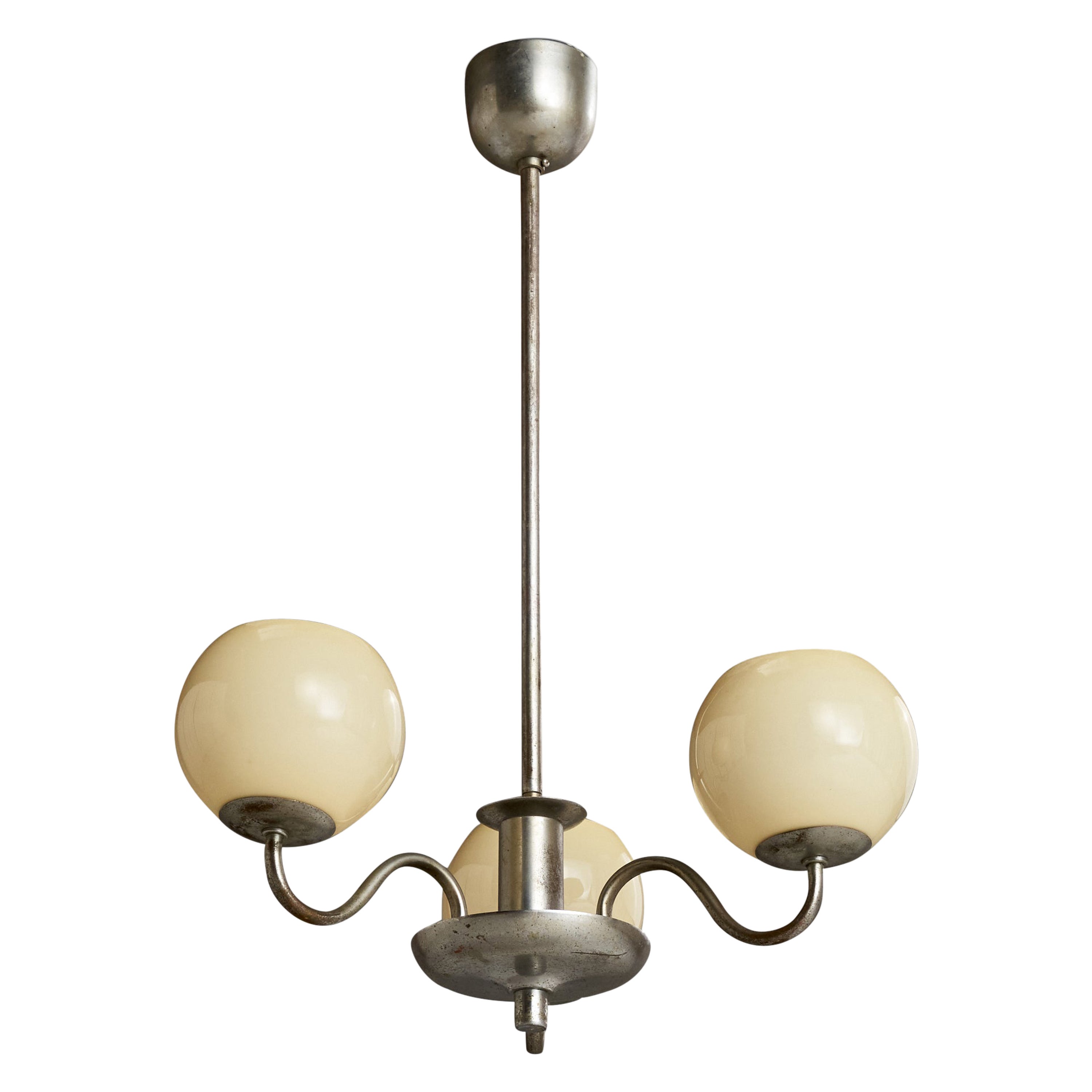 Swedish Designer, Chandelier, Nickel, Glass, Sweden, 1930s