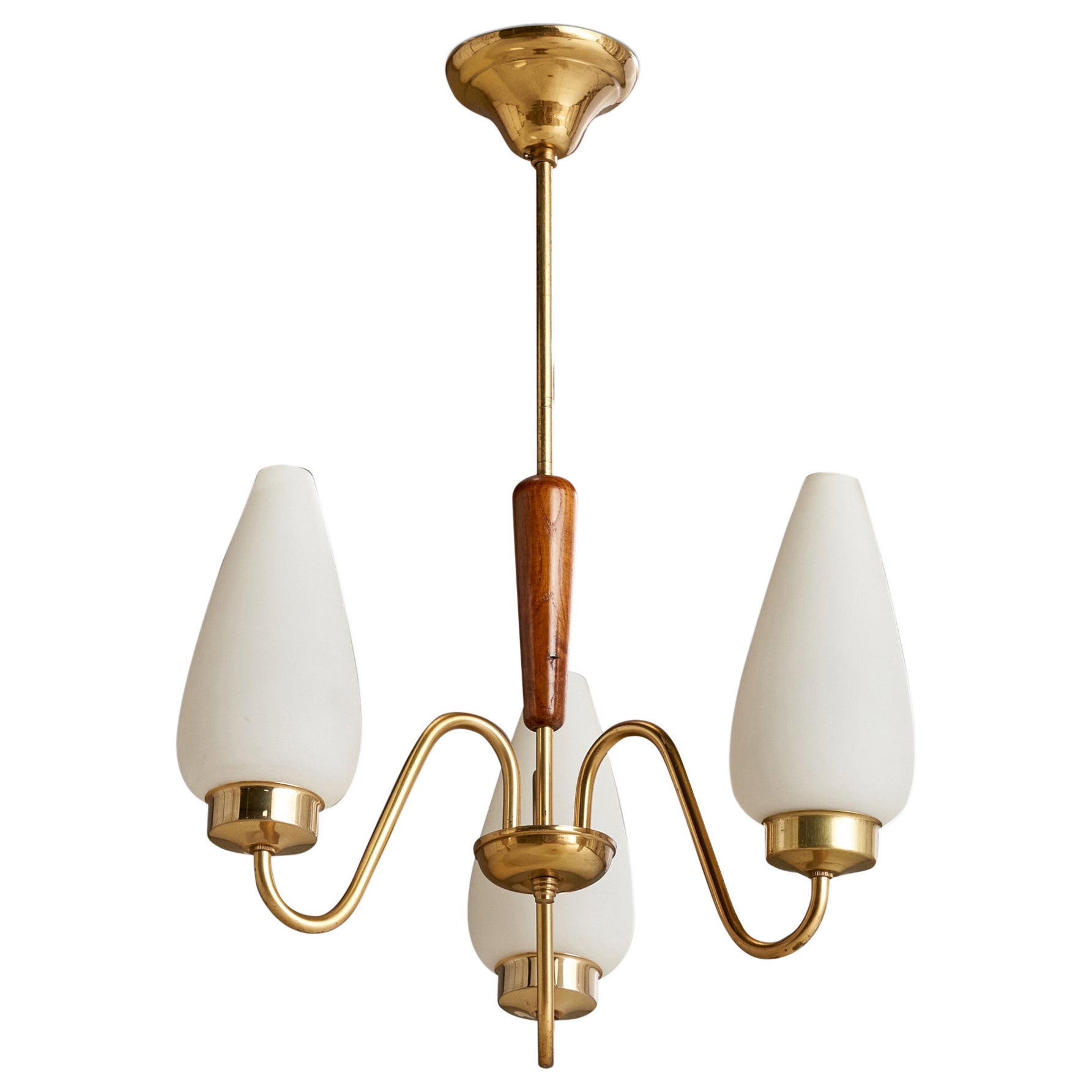 Swedish Designer, Chandelier, Brass, Oak, Glass, Sweden, 1940s
