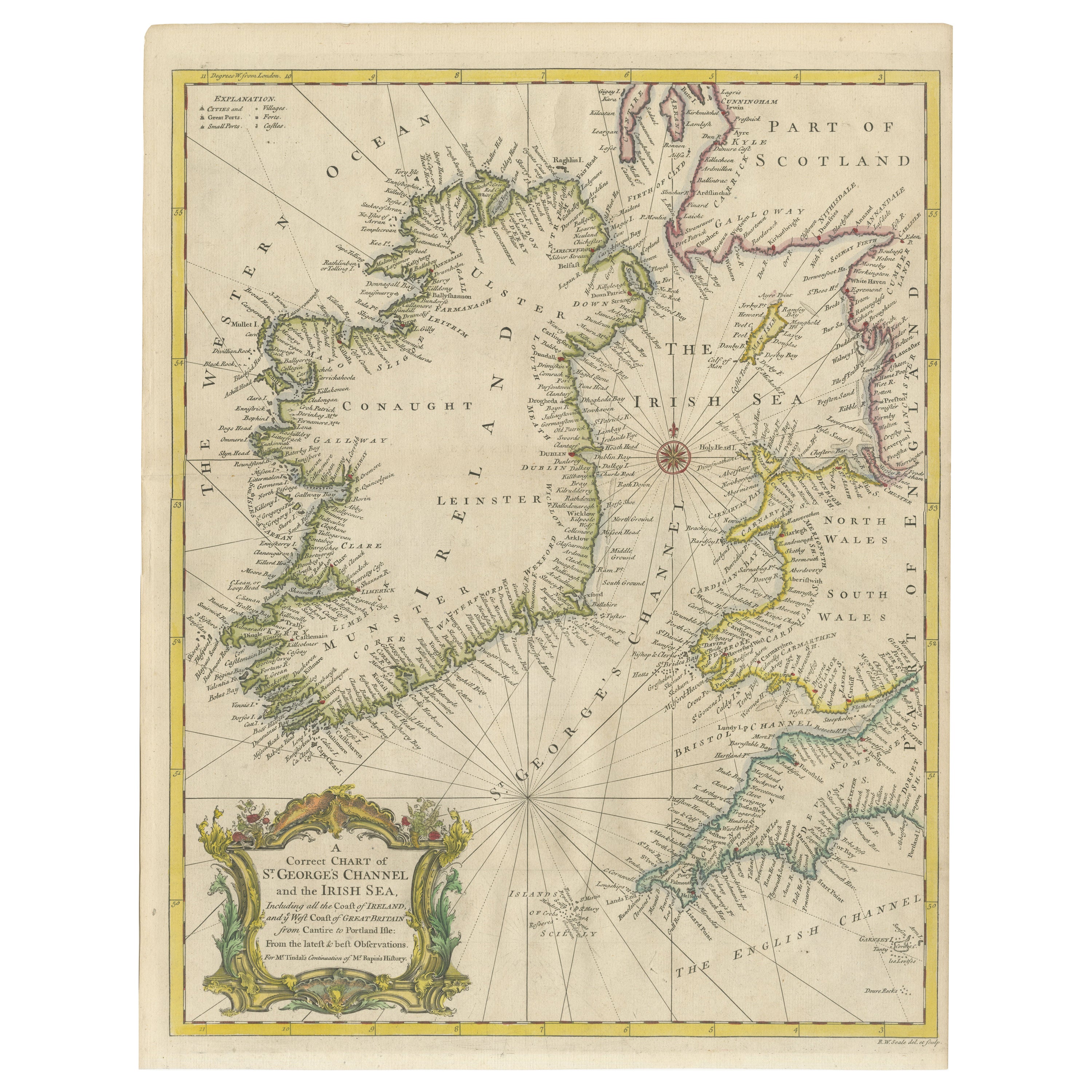 Hand-colored Nautical Chart: St. George's Channel and the Irish Sea, 1744 For Sale