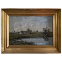 Óleo holandés sobre lienzo enmarcado que representa un paisaje con un molino de viento, S. XIX