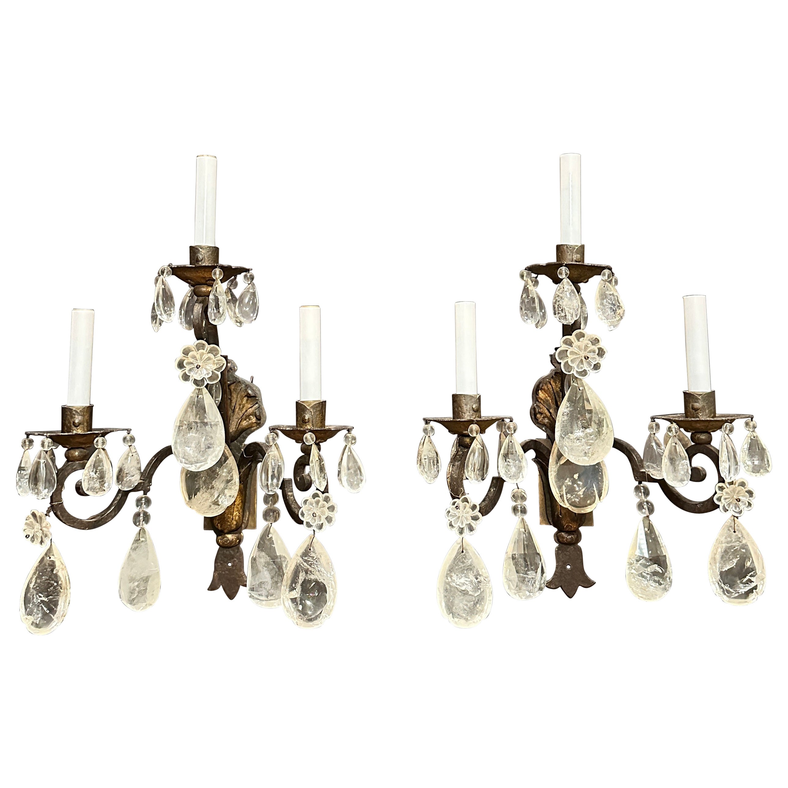 Pair Of Rock Crystal, Tole And Wrought Iron Wall Sconces