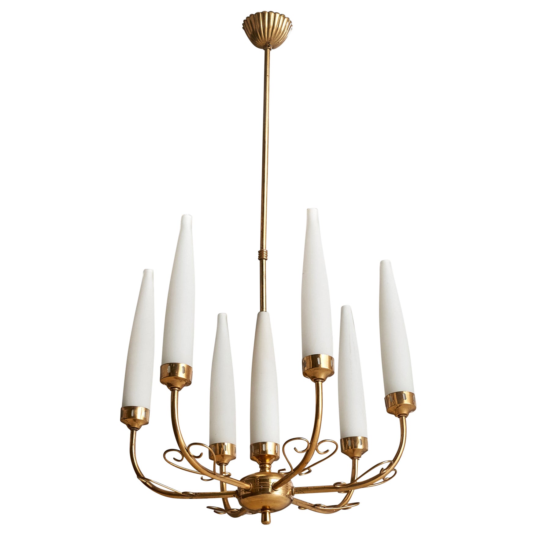 Italian Designer, Chandelier, Brass, Glass, Italy, 1950s