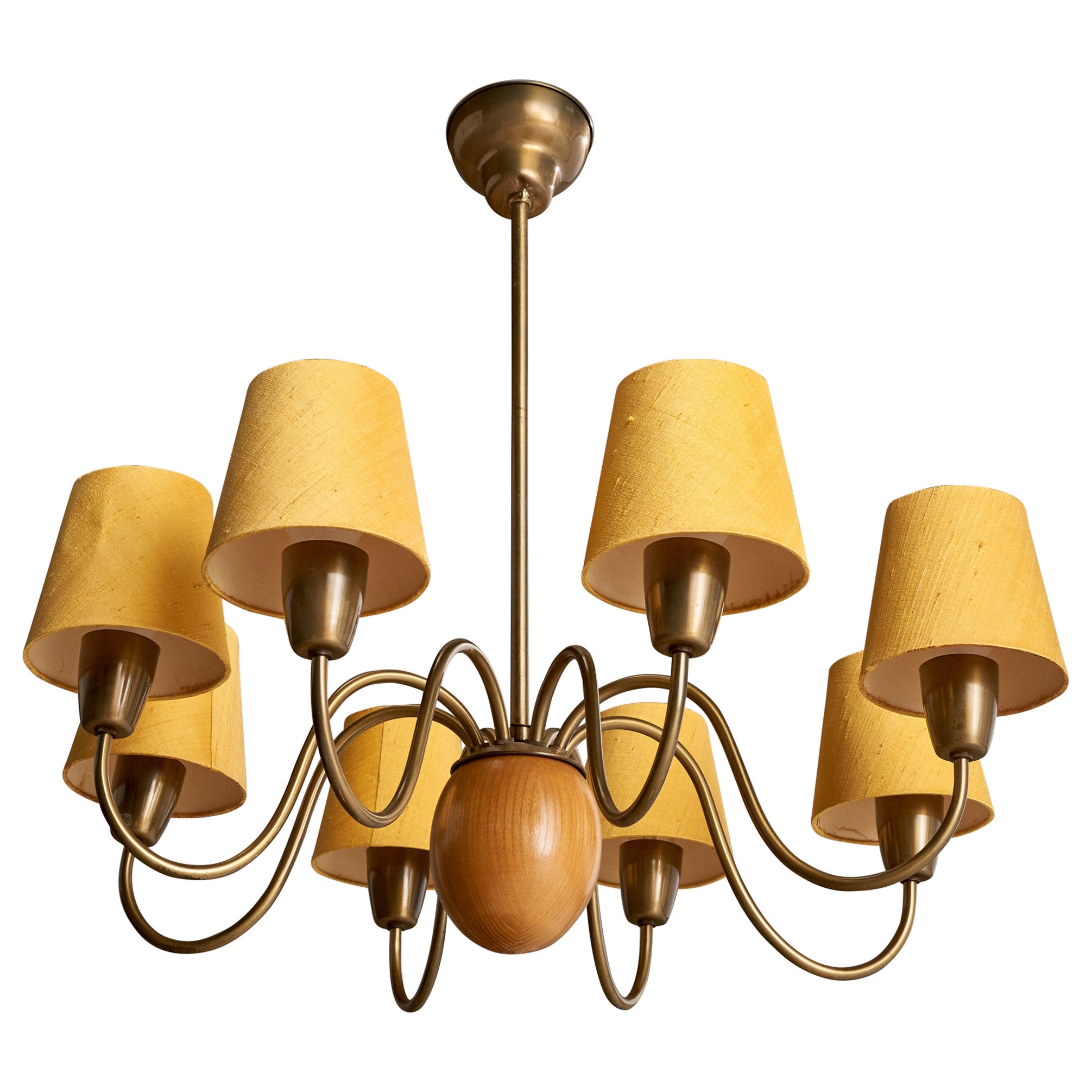 Hans Bergström, Chandelier, Brass, Oak, Fabric, Sweden, 1940s