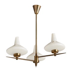 French Designer, Chandelier, Brass, Glass, France, 1960s