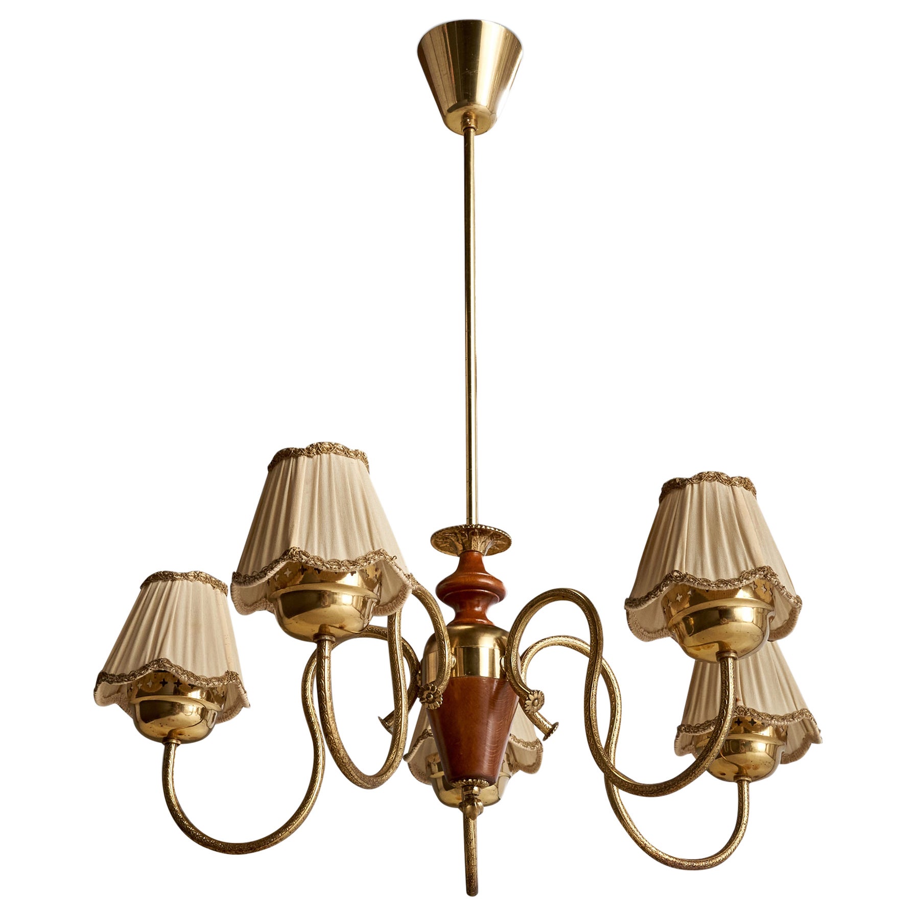 Swedish Designer, Chandelier, Wood, Brass, Fabric, Sweden, 1940s