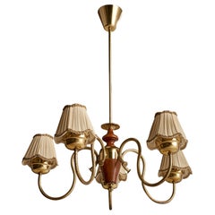 Swedish Designer, Chandelier, Wood, Brass, Fabric, Sweden, 1940s