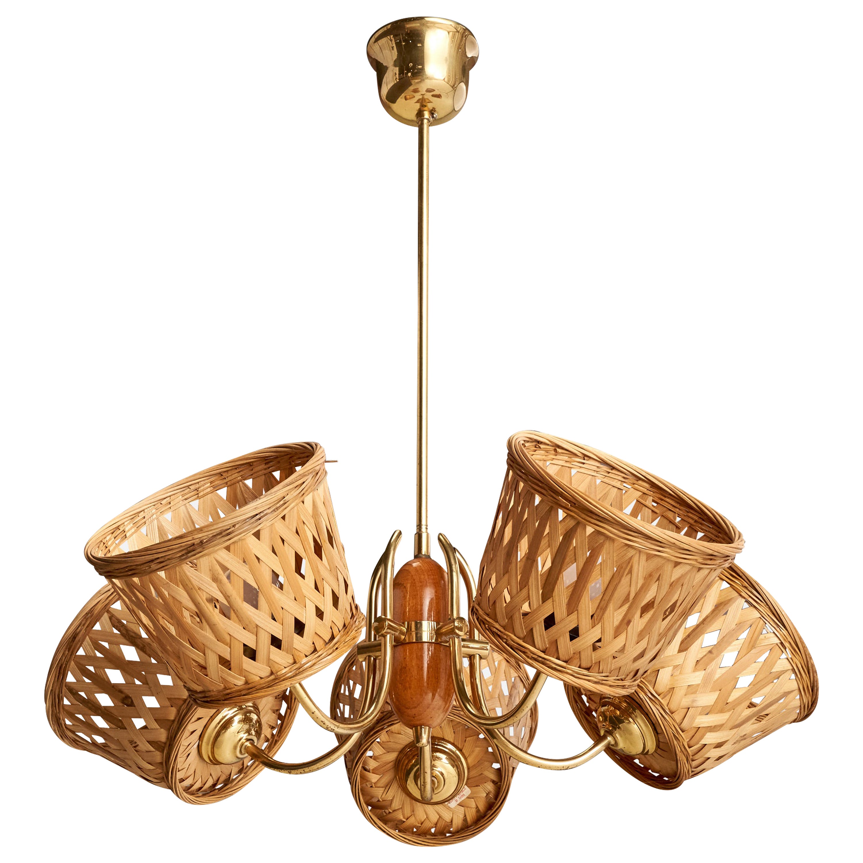 Swedish Designer, Chandelier, Brass, Oak, Rattan, Sweden, 1950s For Sale