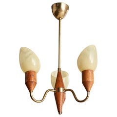 Swedish Designer, Chandelier, Brass, Glass, Teak, Sweden, 1950s