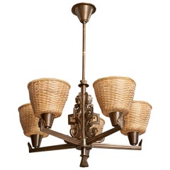 Bröderna Malmström Metallvarufabrik, Chandelier, Brass, Rattan, Sweden, 1940s