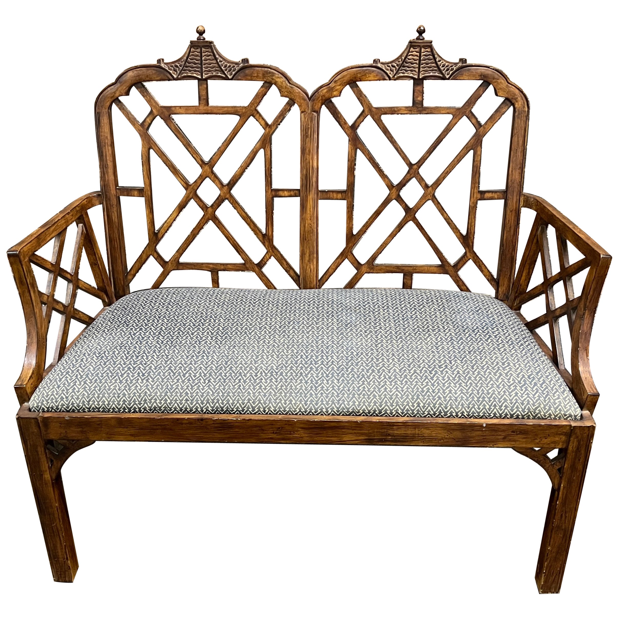 Chinese Chippendale Style Bench or Loveseat with Pagoda Detail