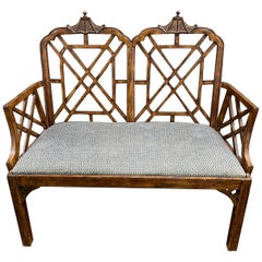 Vintage Chinese Chippendale Style Bench or Loveseat with Pagoda Detail