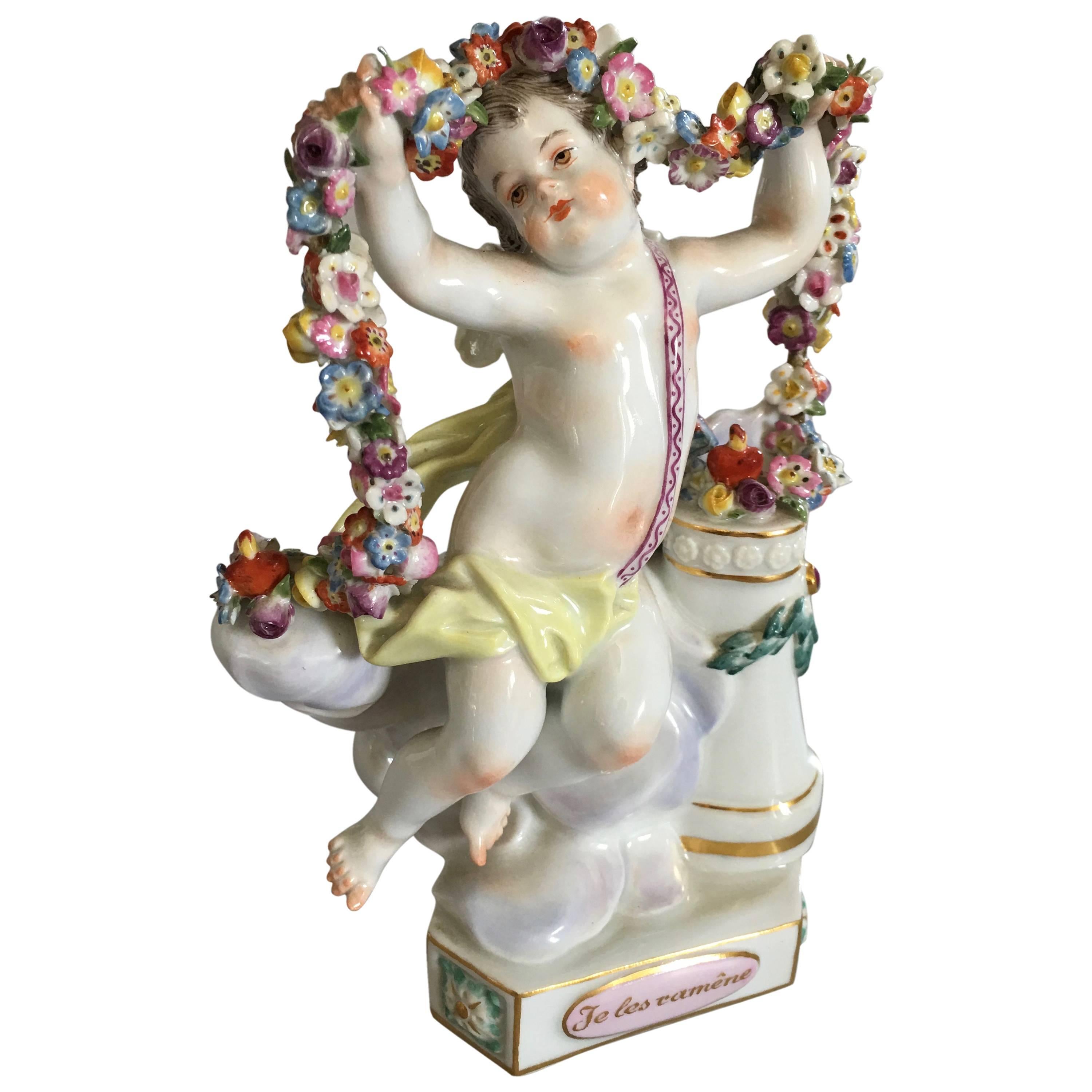 Meisen Figurine of Winged Putti Holding a Floral Wine 