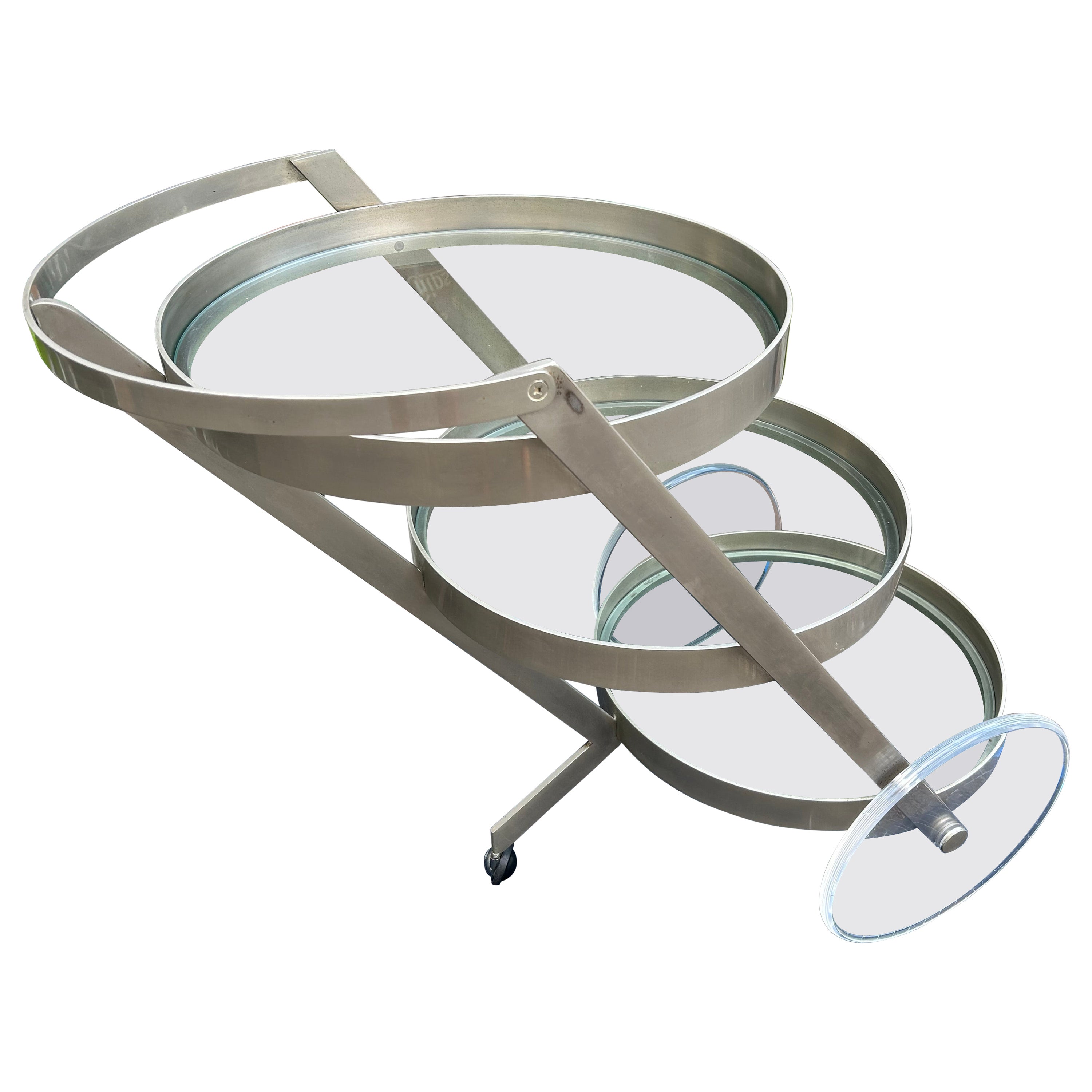 Sensational 3 Tier Circular Steel Lucite Rolling Bar Cart Mid-century Modern