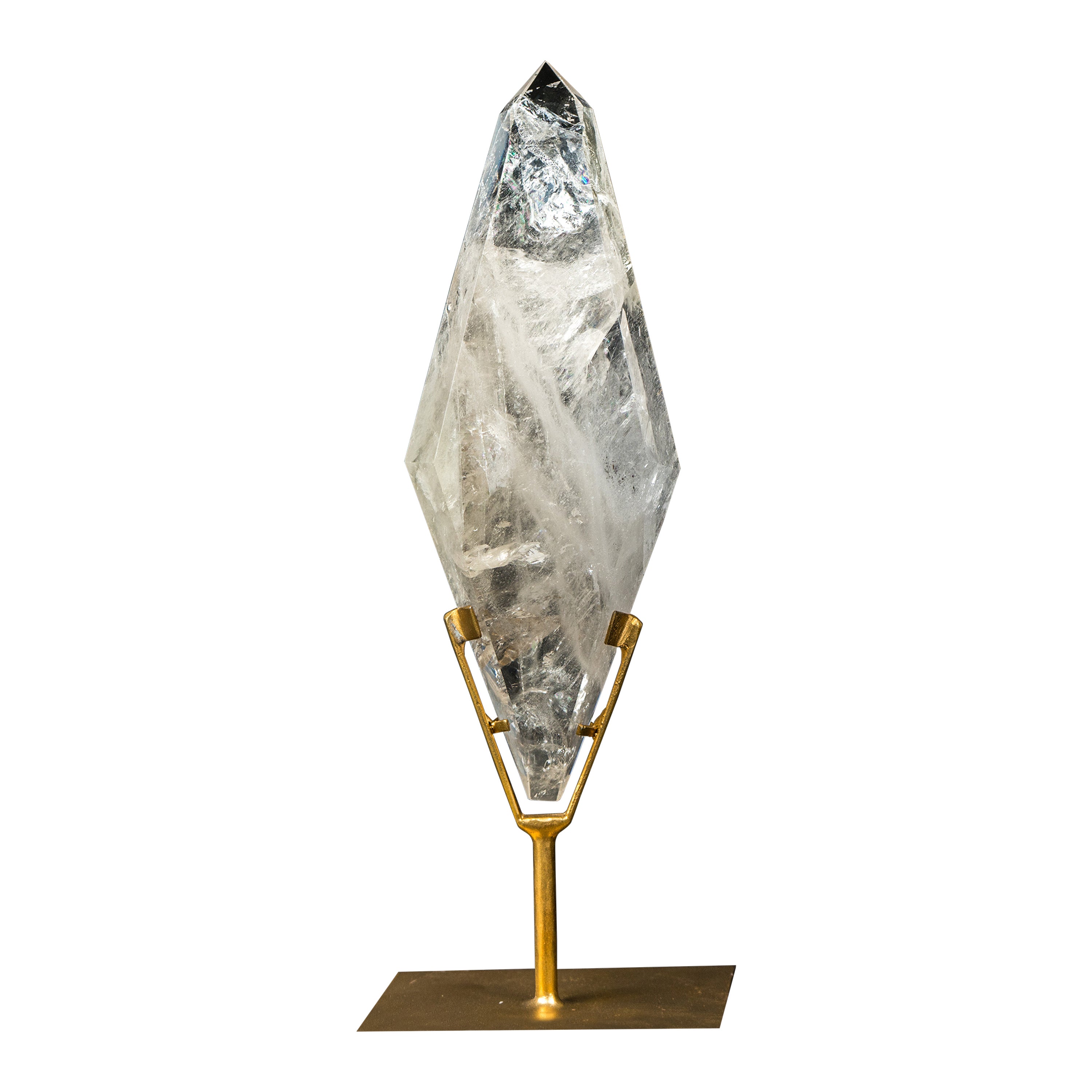 Natural Clear Quartz Obelisk Sculpture with Multi-Faceted Sides on Metal Stand