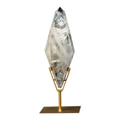 Natural Clear Quartz Obelisk Sculpture with Multi-Faceted Sides on Metal Stand