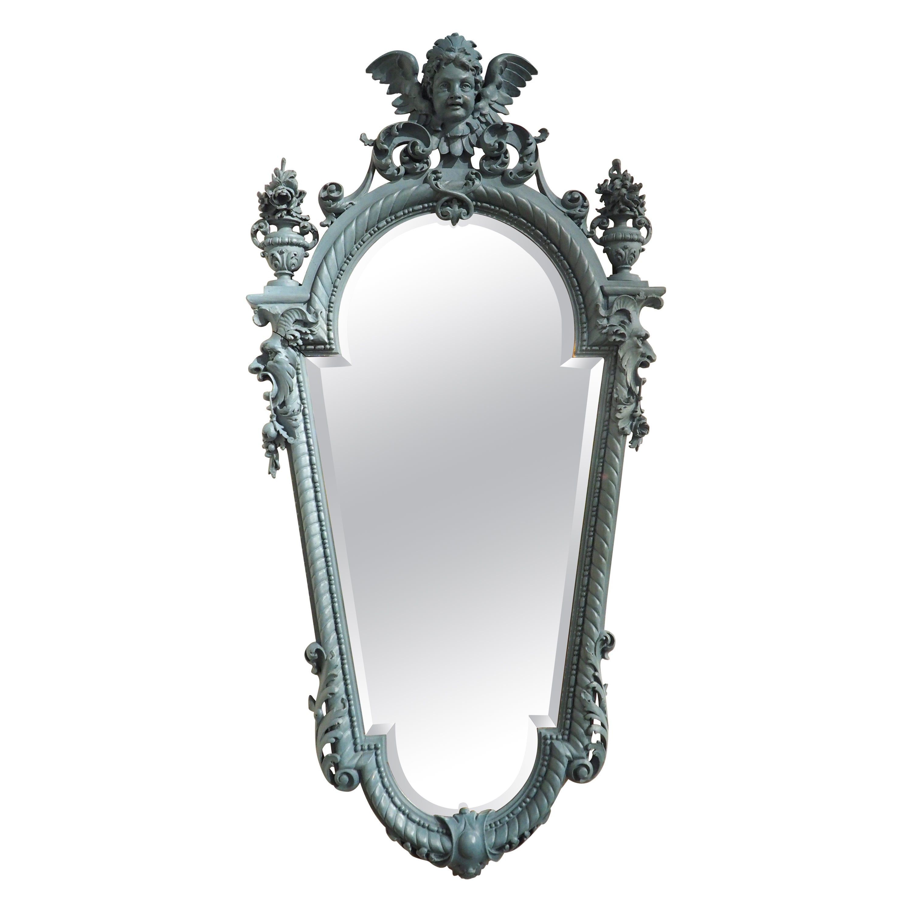 Large French Blue Painted Napoleon III Beveled Wall Mirror, Circa 1850