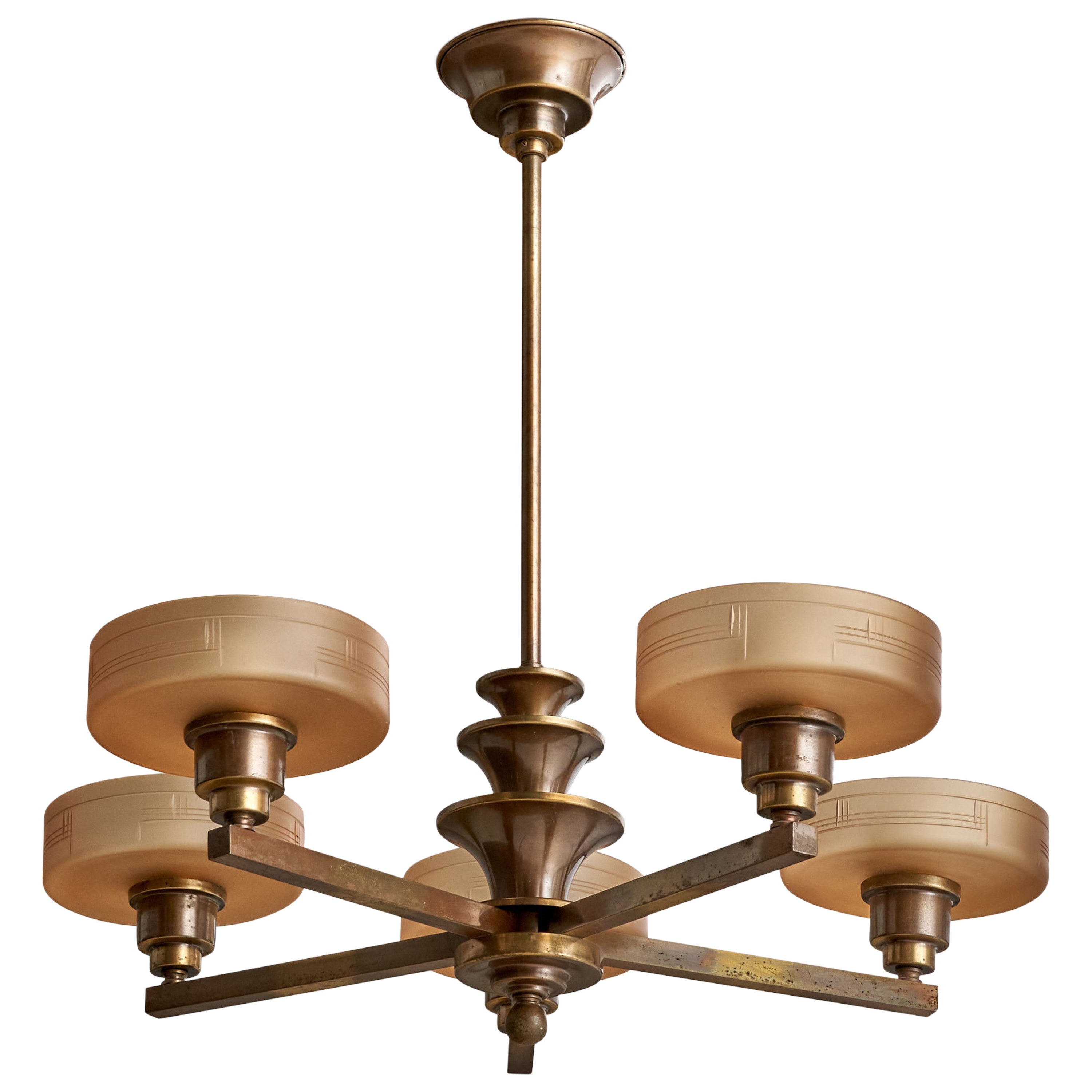 Bröderna Malmström Metallvarufabrik, Chandelier, Brass, Glass, Sweden, 1940s For Sale