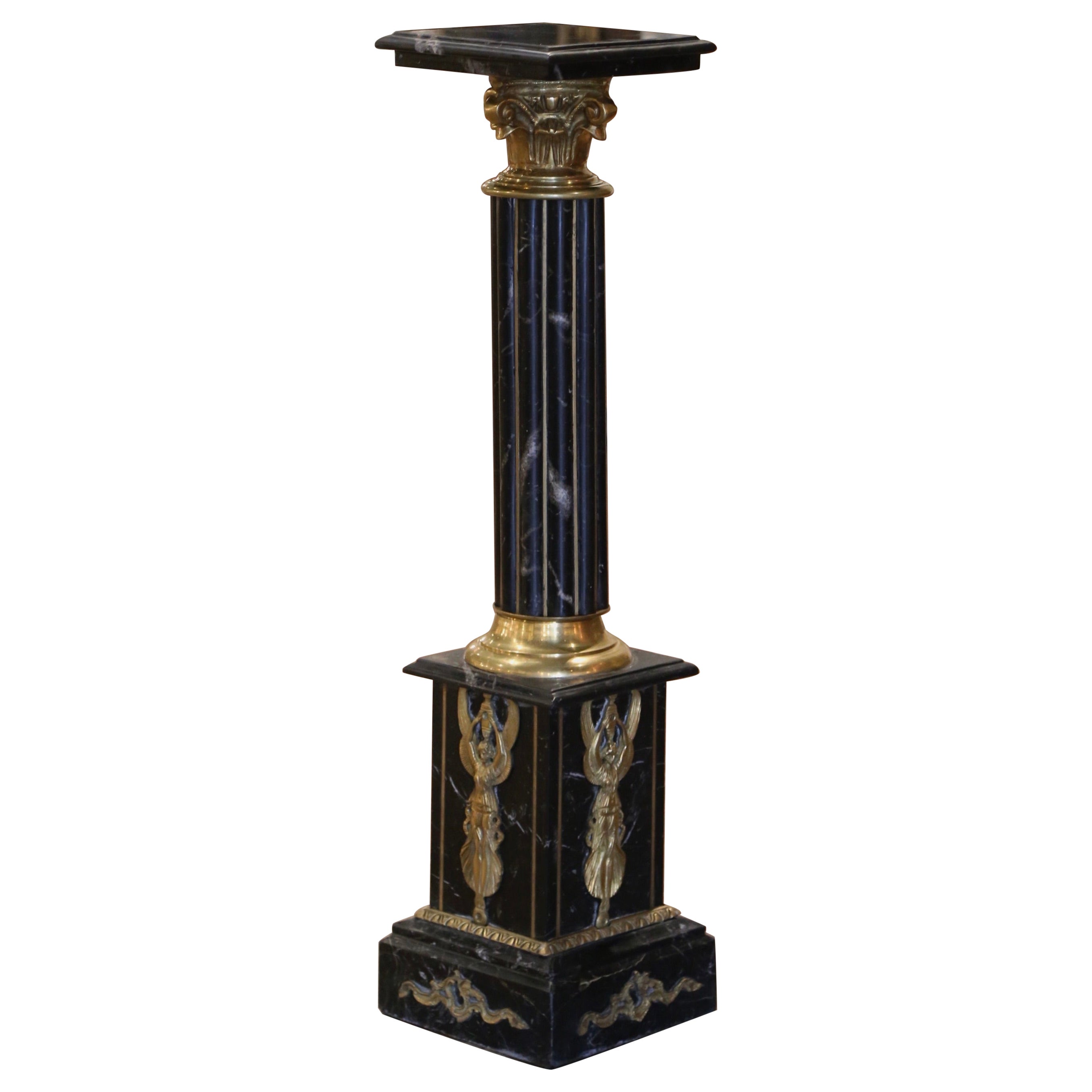 19th Century French Napoleon III Carved Marble and Bronze Selette Pedestal Table