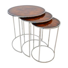 Set of Round Nesting or Stacking Tables in Exotic Burlwood and Chrome