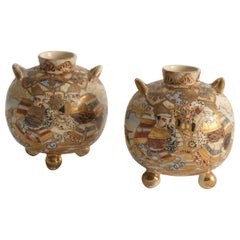 Antique Satsuma Earthenware Vases, Hand-Painted Polychrome, Japan, Set of 2