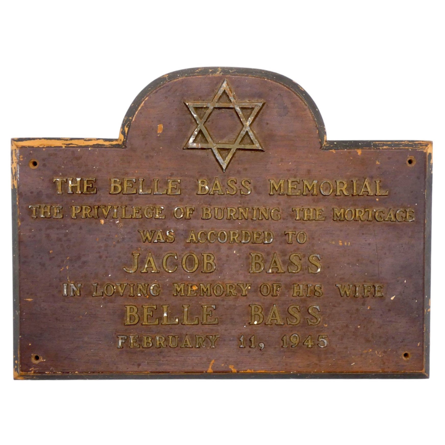 A Wooden American Belle Bass Synagogue Memorial Sign, 1945 For Sale