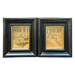 Pair of 19th Framed Century Carved Lime Wood Sculptures Depicting Romantic Scene