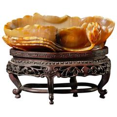 19th Century Chinese Carved Agate Brushwasher with Stand