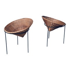 Midcentury Modern Wicker Tripod Baskets, 1960's Netherlands