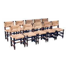 Tudor Style Design Oak & Rush Dining Chair set, Belgium 1930's
