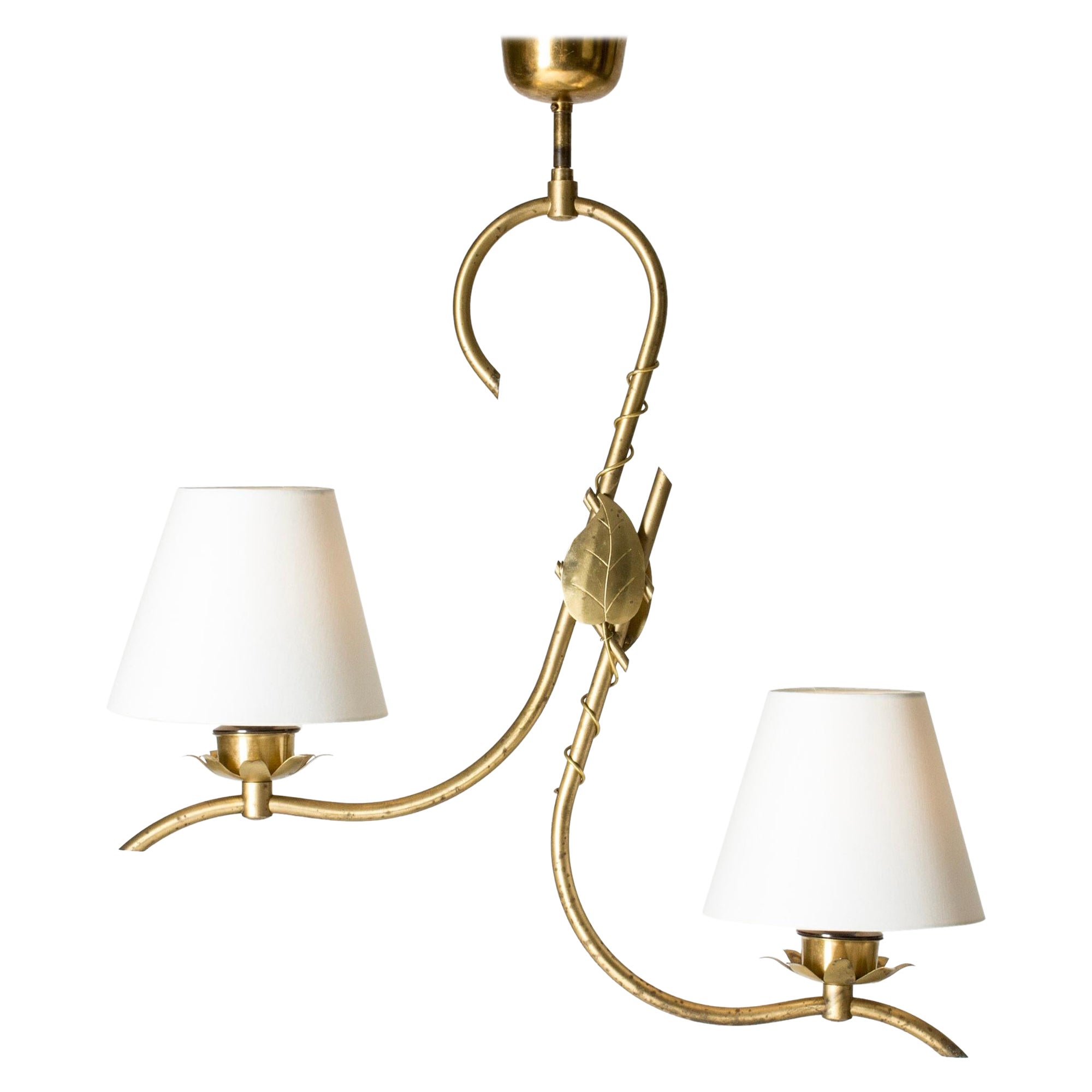 Swedish Designer, Pendant Light, Brass, Fabric, Sweden, 1940s For Sale