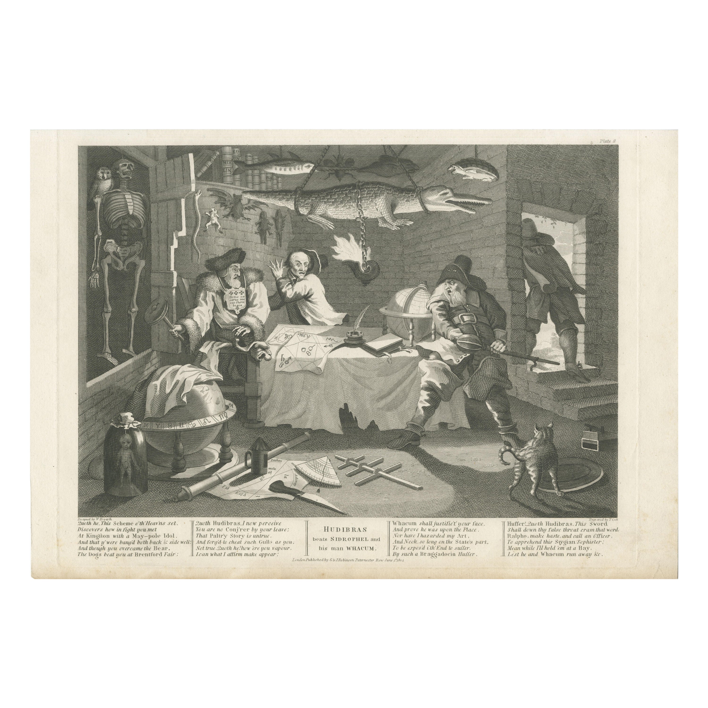Hudibras se enfrenta a Sidrofel y Whacum, grabado de Cook según Hogarth, 1802
