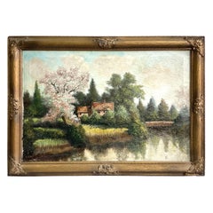 Early 20th Century Large Landscape with Cherry Blossoms Oil on Canvas Signed